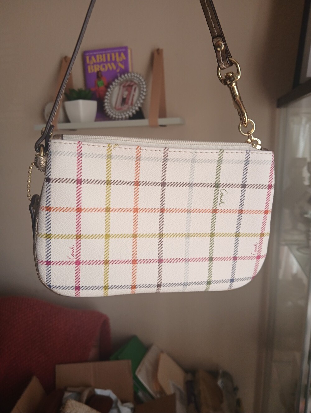 Coach White Plaid Wristlet/Mini  Bag with Multicolor Check.